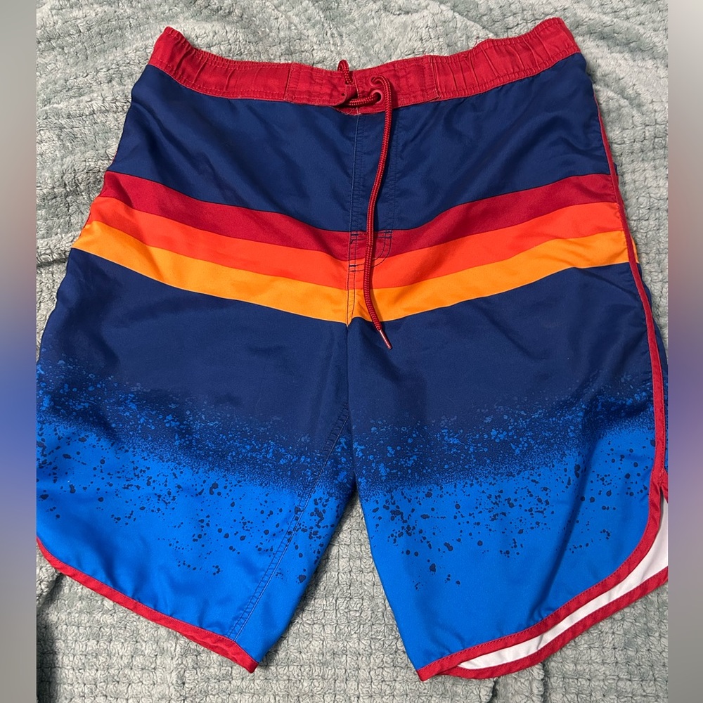 Men's Navy Board Shorts with Red, Orange and Yellow Stripes